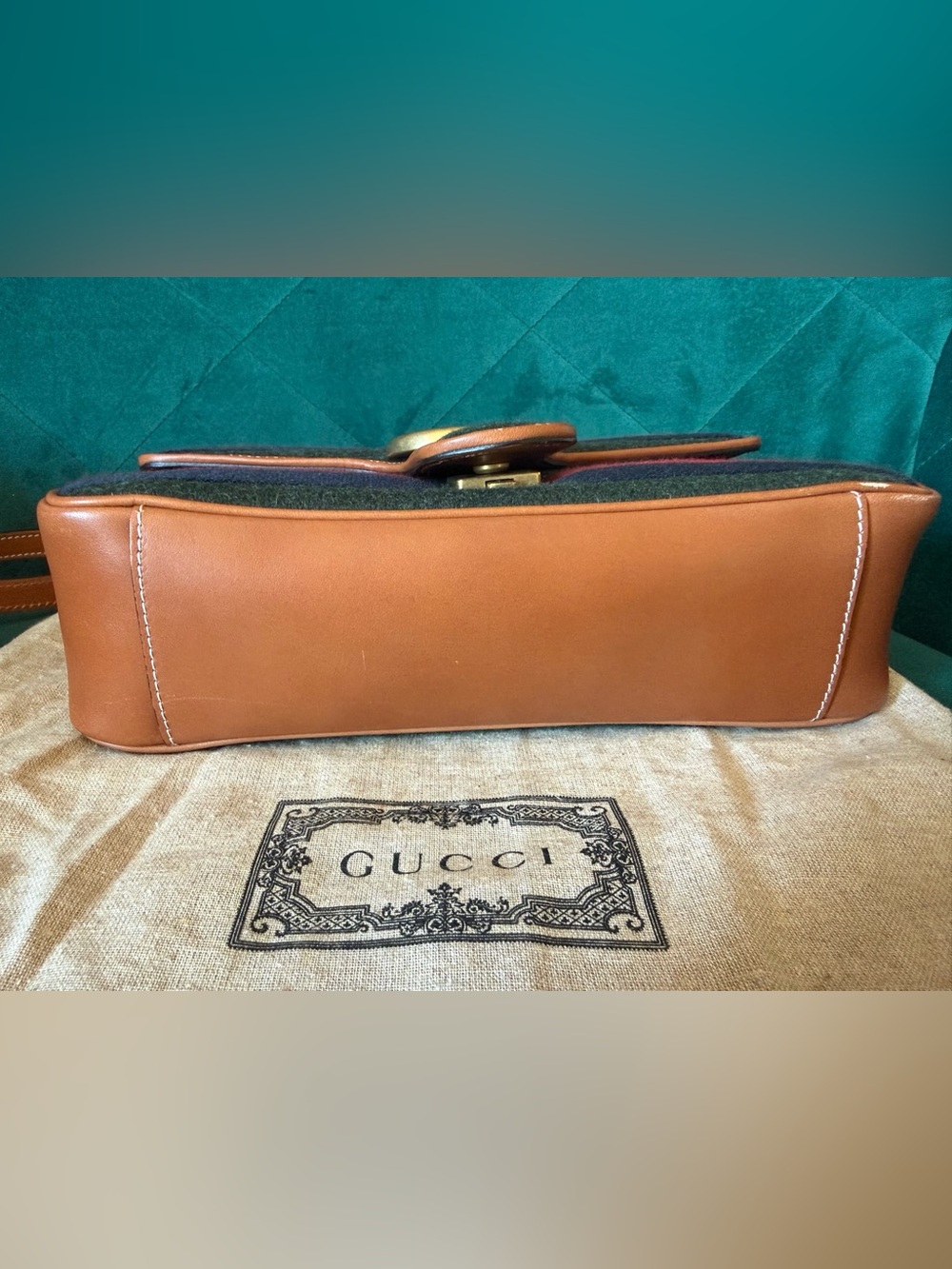 Gucci Navy Red Green Stripe GG Shoulder Bag with Tan Trim - Picture 4 of 16